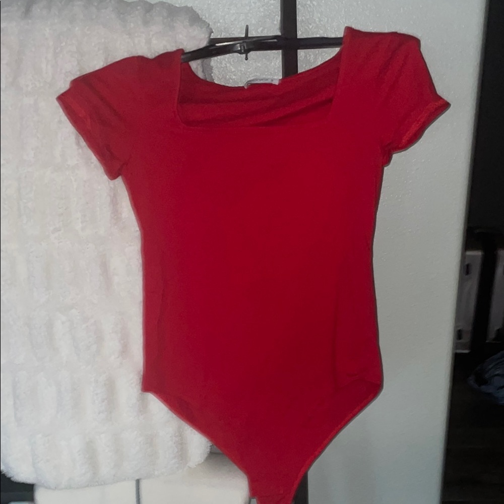 Amazon Red Asymmetrical Fitted Bodysuit Short Sleeve
